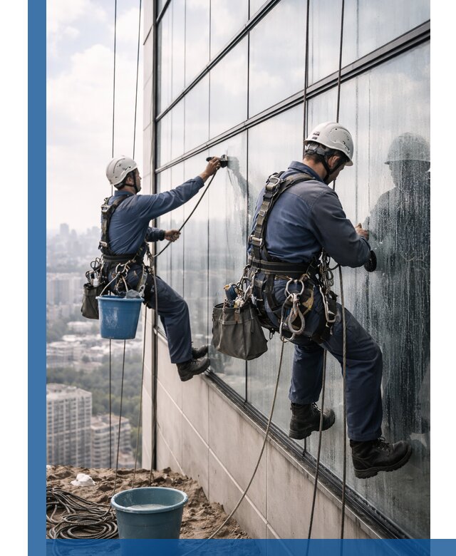 Профессиональная мойка фасадных окон альпинистами в Зиме