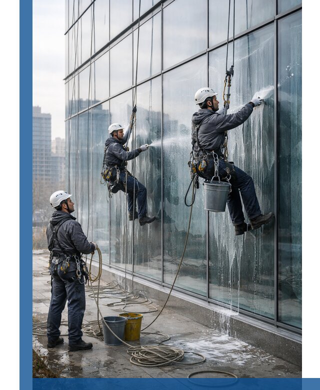 Промышленная мойка панорамных окон на высоте в Зиме