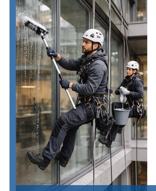 Профессиональная мойка витражей промышленными альпинистами в Зиме