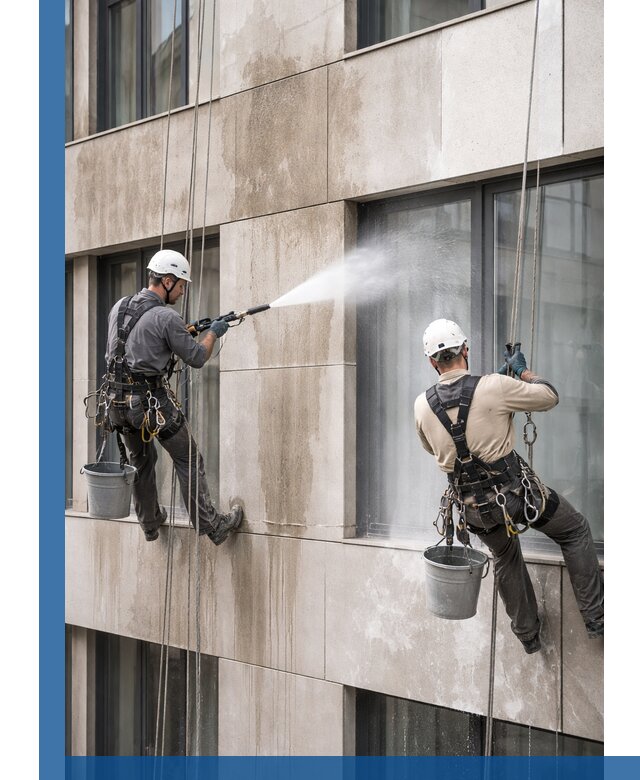 Послестроительная мойка фасада промышленным альпинизмом в Зиме