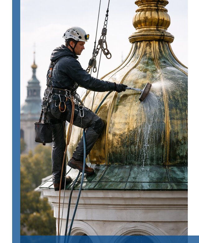 Профессиональная мойка куполов и шпилей высотными альпинистами в Зиме