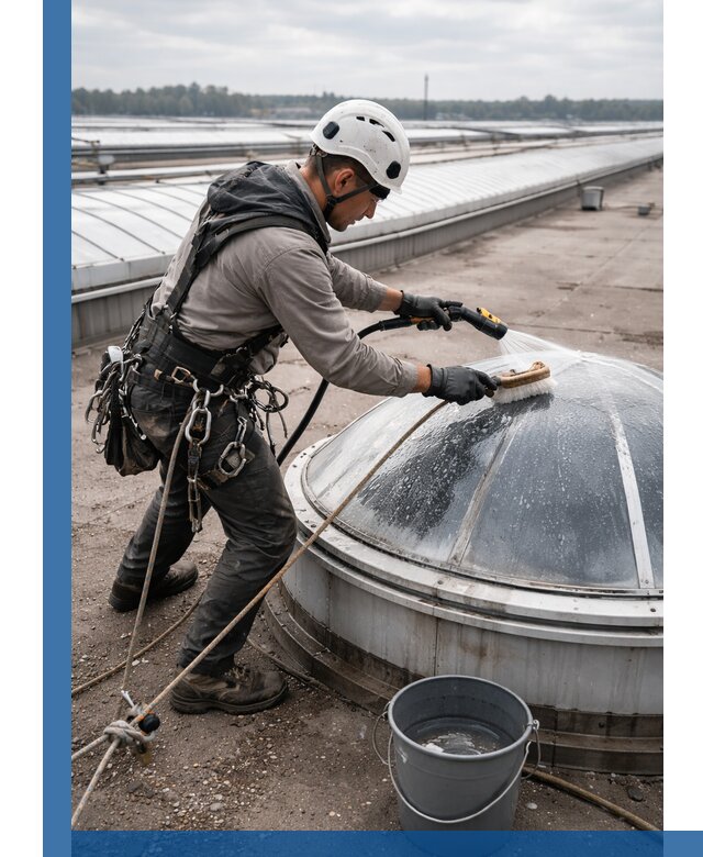 Мойка зенитных фонарей на кровле для промышленных объектов в Зиме