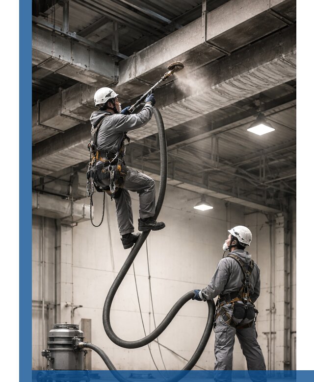 Обеспыливание потолочных конструкций в Зиме промышленным альпинизмом