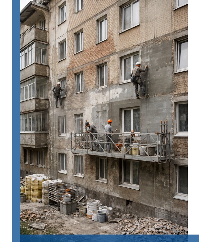 Капитальный ремонт фасада в Зиме с восстановлением и гидроизоляцией