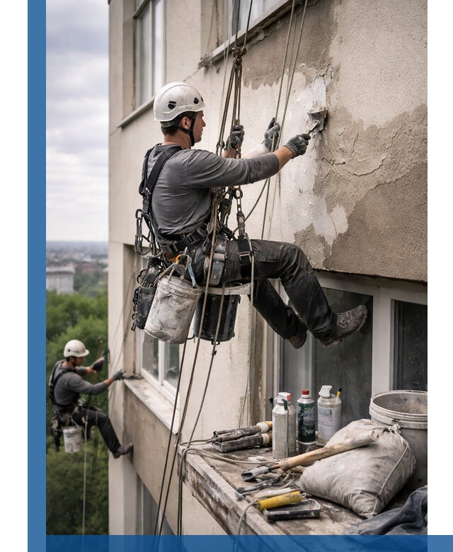 Косметический ремонт фасада зданий в Зиме промышленными альпинистами
