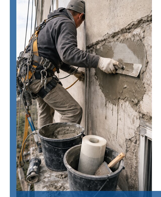 Ремонт бетонных элементов фасада промышленными альпинистами в Зиме