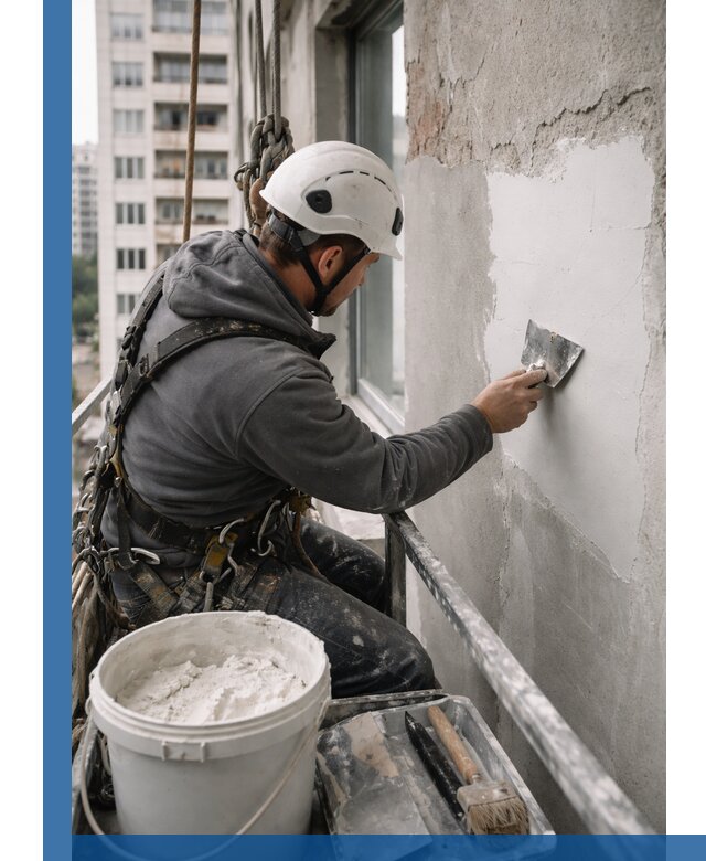 Шпаклевка фасадов на высоте с промальпинистами в Зиме