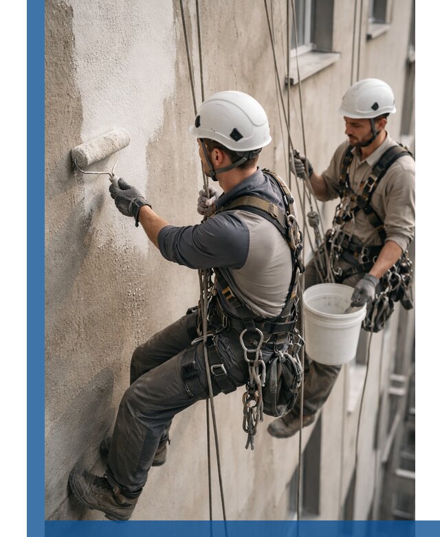 Грунтовка фасада на высоте в Зиме промышленными альпинистами