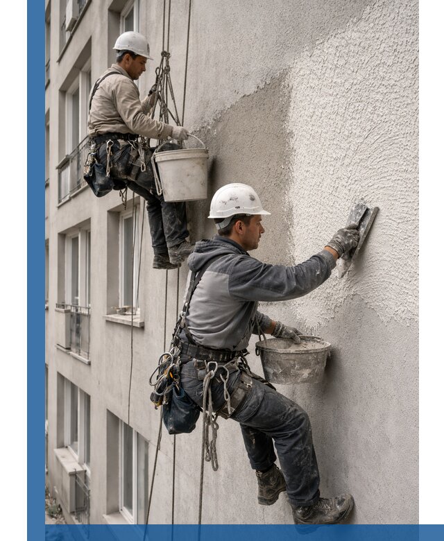 Нанесение декоративной штукатурки короед на фасад в Зиме