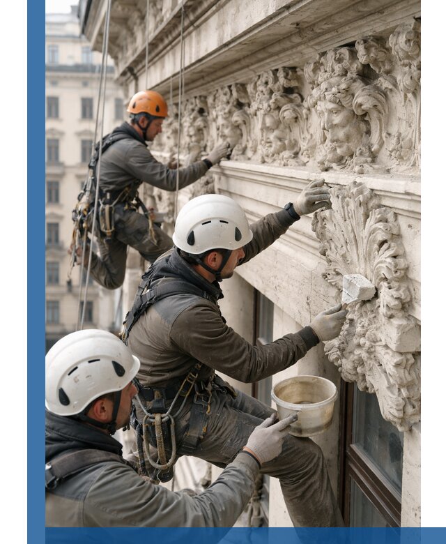 Реставрация фасадной лепнины с высотными работами в Зиме