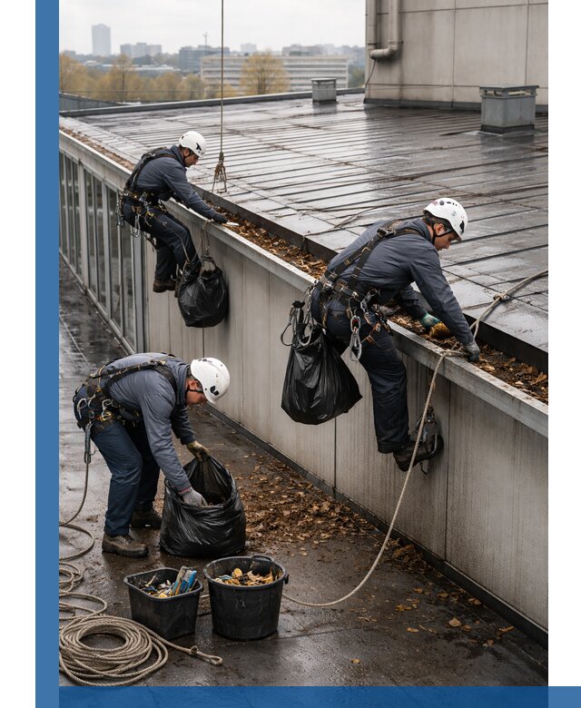 Очистка кровли по периметру в Зиме силами промышленных альпинистов