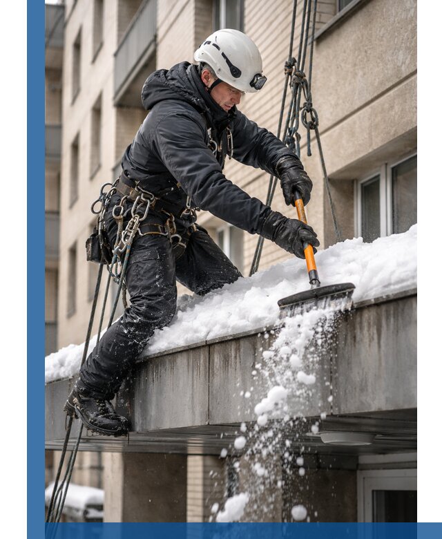 Очистка козырьков от снега в Зиме круглогодично безопасно