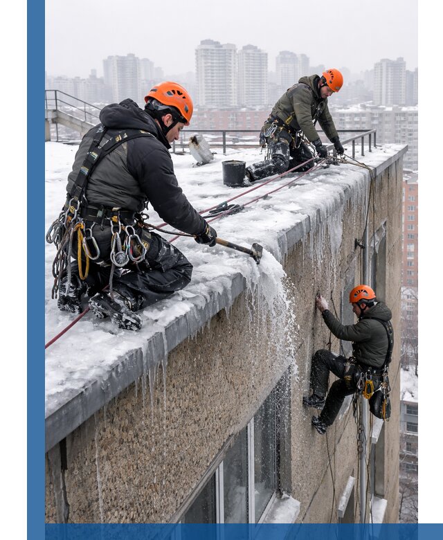 Удаление наледи с кровли в Зиме промышленными альпинистами