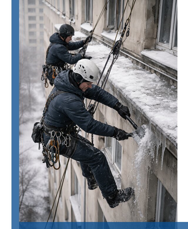 Удаление наледи и сосулек с карнизов в Зиме профессионально