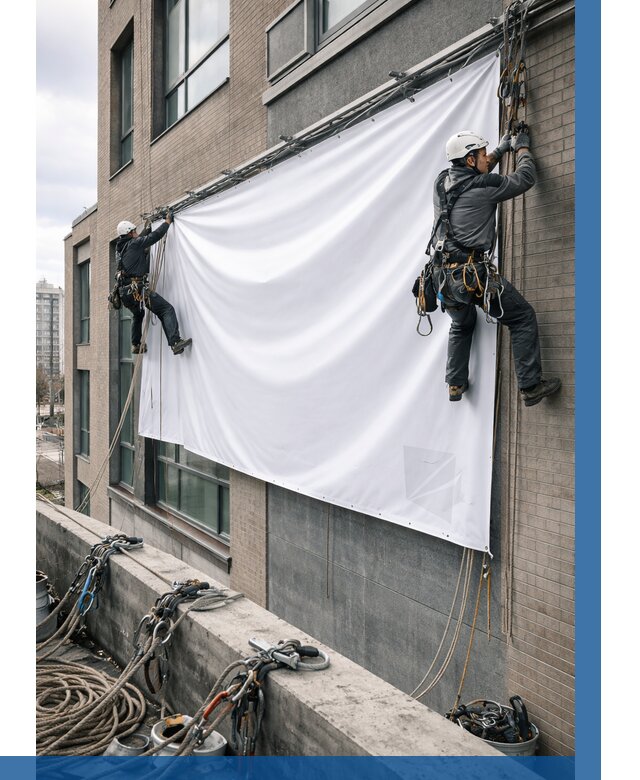 Монтаж баннеров на фасаде в Зиме от 665 р. заказать ВЫСОТНИК-Зма