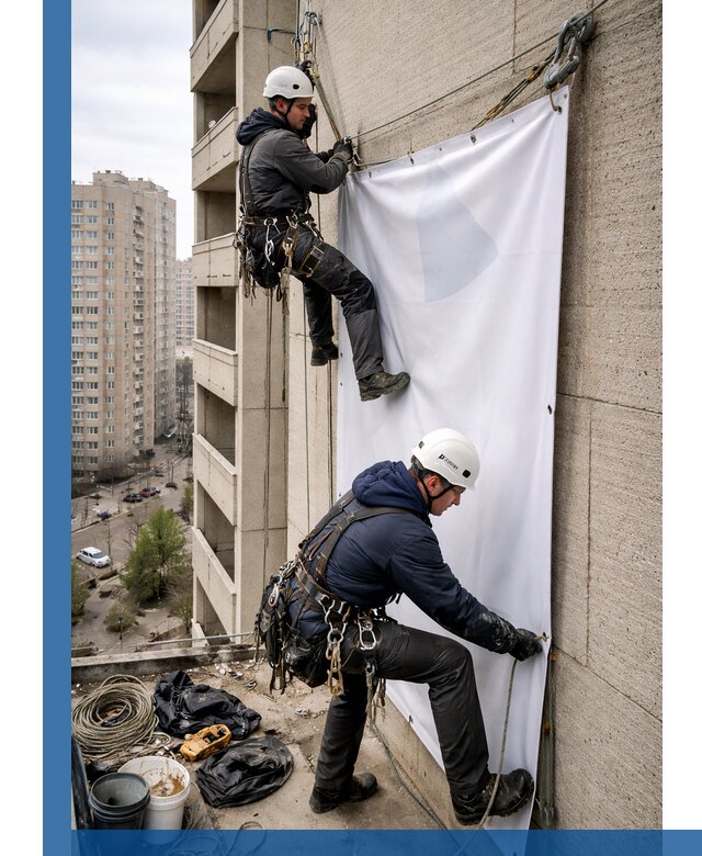 Профессиональный монтаж баннеров на фасаде в Зиме