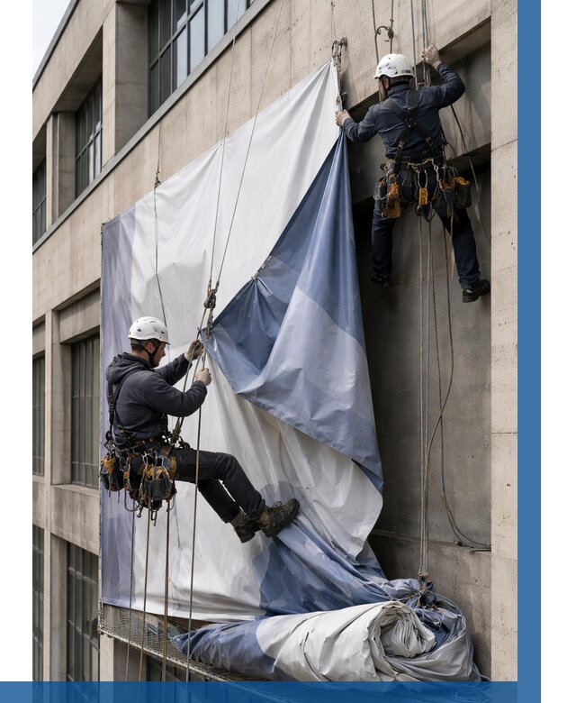 Демонтаж баннеров с фасада в Зиме от 4603 р. | ВЫСОТНИК-Зма