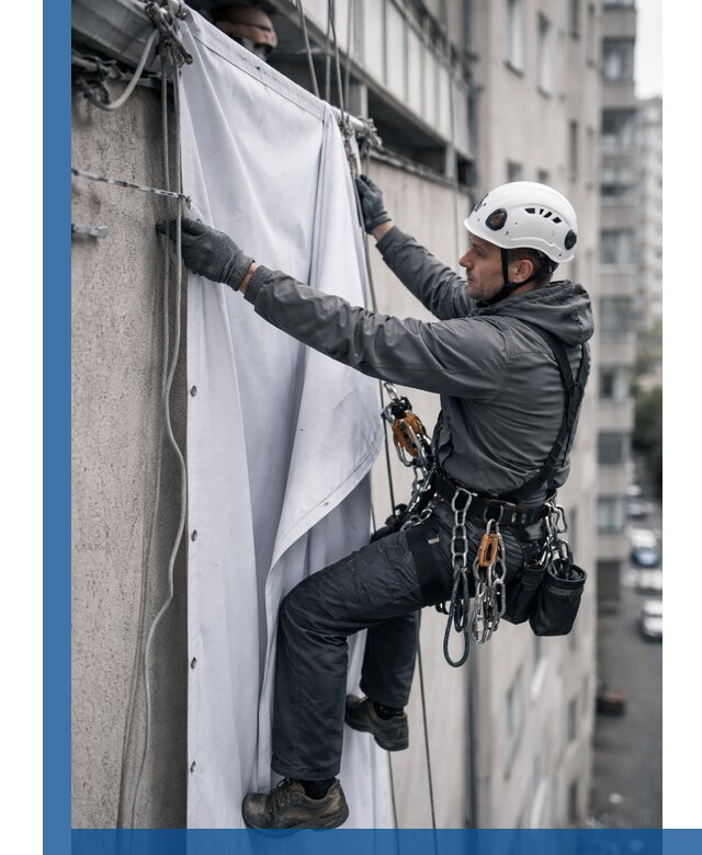 Замена баннерного полотна промышленными альпинистами в Зиме