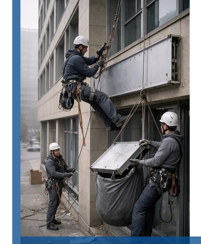 Демонтаж рекламной вывески с высотными работами в Зиме