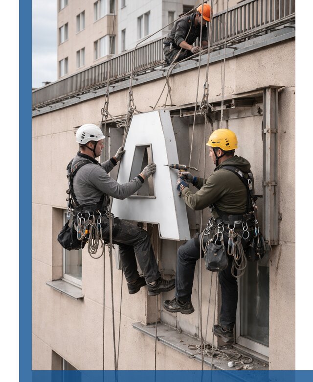 Ремонт и восстановление наружных вывесок на высоте в Зиме