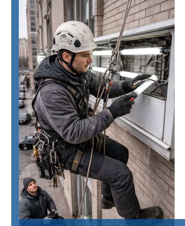 Профессиональная замена ламп в наружной вывеске в Зиме