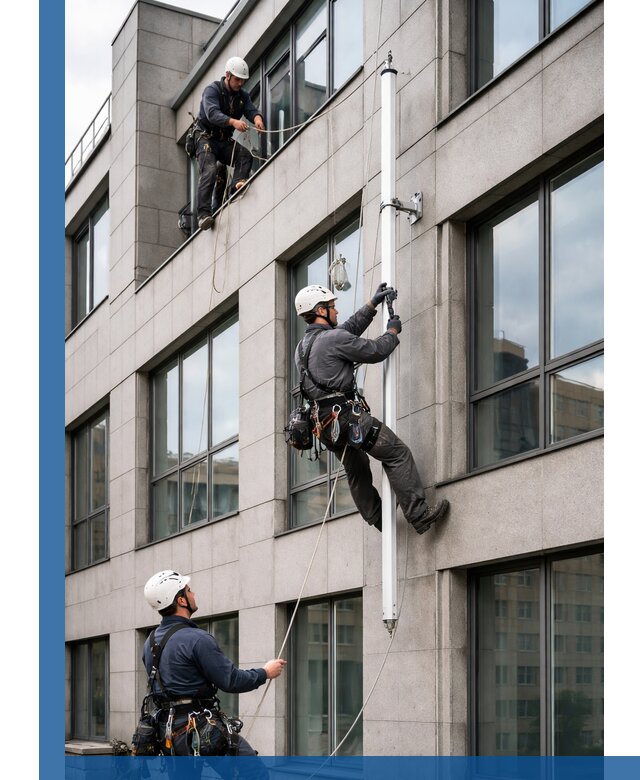 Монтаж флагштока на фасаде здания с креплением и герметикой в Зиме