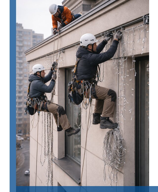 Монтаж праздничных гирлянд на фасаде в Зиме для зданий