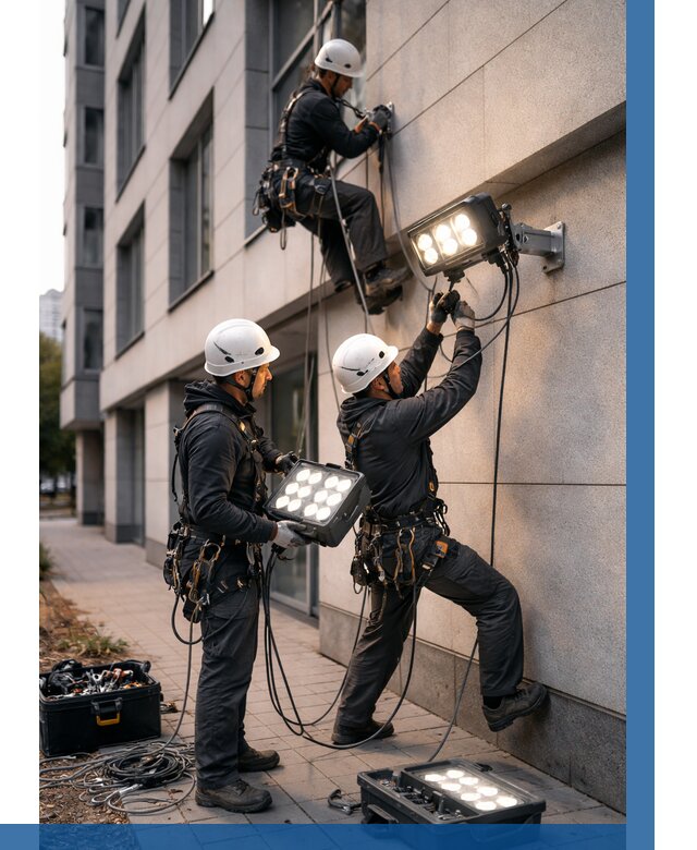 Монтаж прожекторов на фасаде в Зиме от 7671 р. | ВЫСОТНИК-Зма