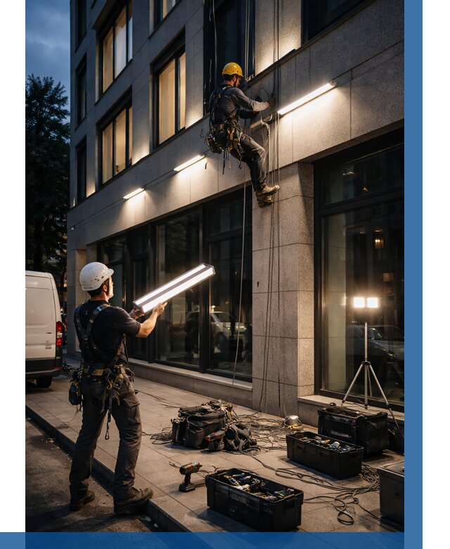 Монтаж архитектурной подсветки здания в Зиме от 2557 р.|ВЫСОТНИК-Зма