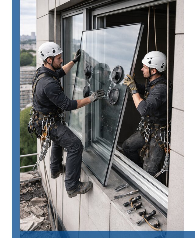 Замена стеклопакетов на высоте с промышленными альпинистами в Зиме