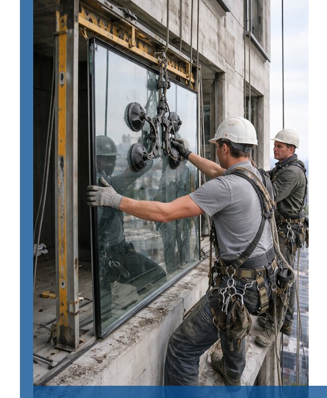 Монтаж стеклопакетов на высоте в Зиме с промышленным альпинизмом