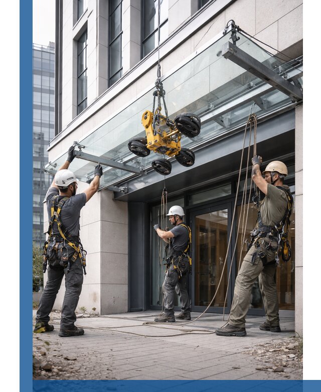 Монтаж стеклянных козырьков под ключ в Зиме для зданий