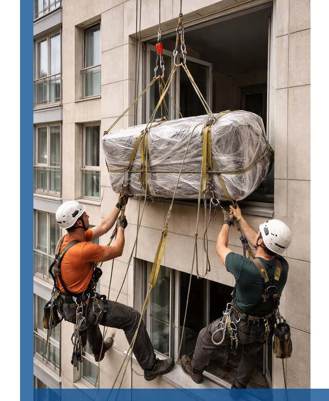 Подъем грузов через окно в Зиме промышленными альпинистами