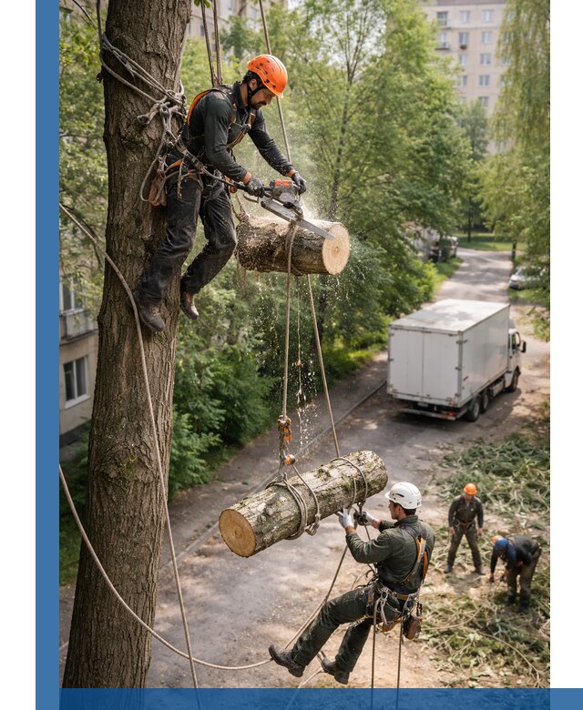 Спил деревьев альпинистами в Зиме, безопасно и без повреждений