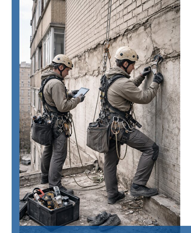 Обследование фасада промышленными альпинистами в Зиме